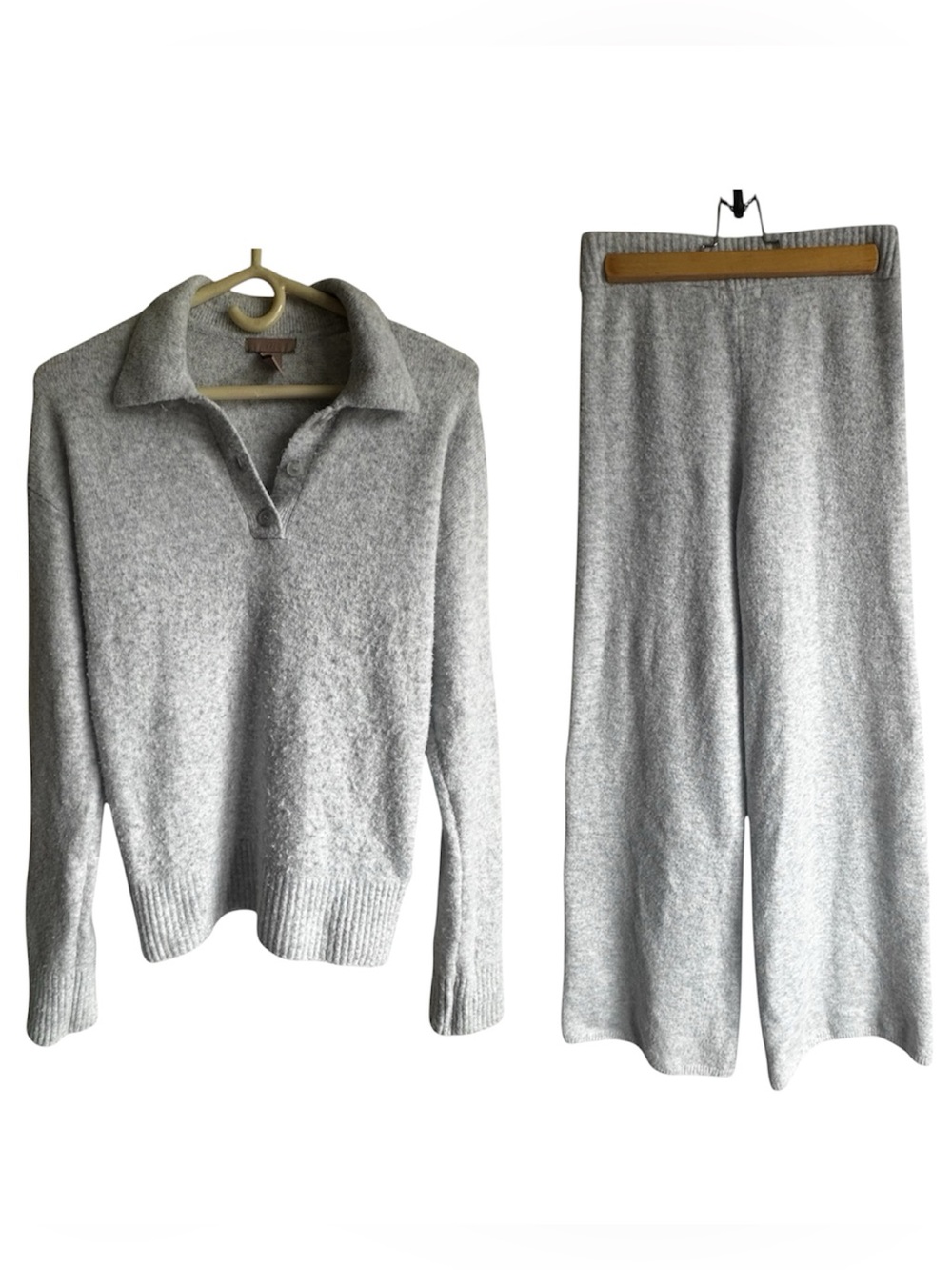H&M Light Grey Knit 2pc Lounge Set Oversized Polo Wide Leg Pants XS